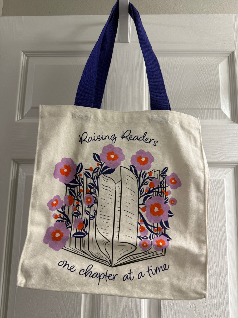 Barnes & Noble Cream Canvas Tote with Purple Handles and Floral Book Design